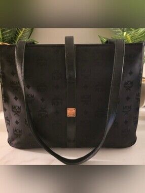MCM Black Monogram Canvas Shoulder Tote with Leather Trim